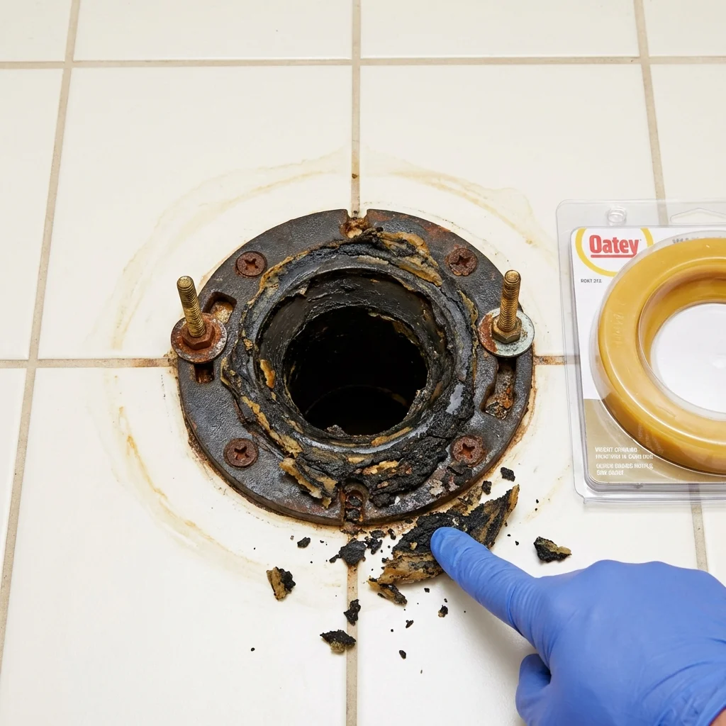 Failed wax ring showing water seepage at the base of a toilet in a Gretna, LA home