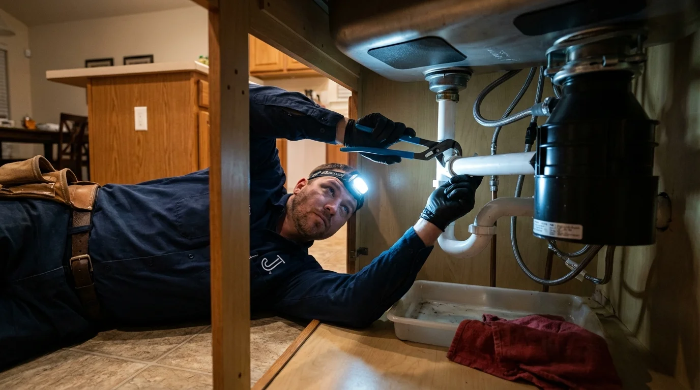 P-trap and supply line connections under a kitchen sink showing a common leak point in Gretna, LA
